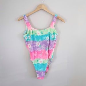 Vintage St. Bernard daisy print neon swimsuit